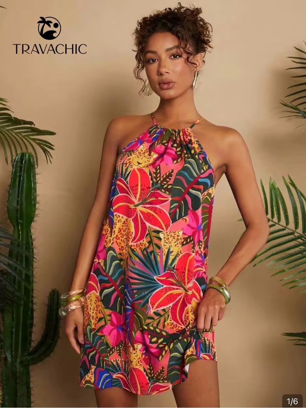 SHEIN Multicolor Tropical Halter Swim Cover-Up